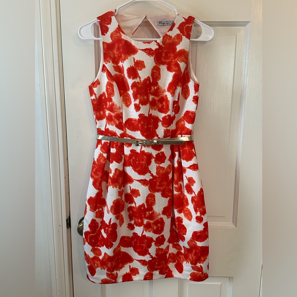 Eliza J Floral Red and White Dress with Belt